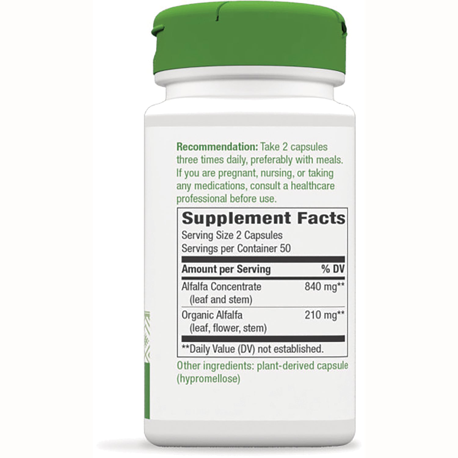 NW107 | Back of white supplement bottle showing Supplement Facts panel and recommended dosage text