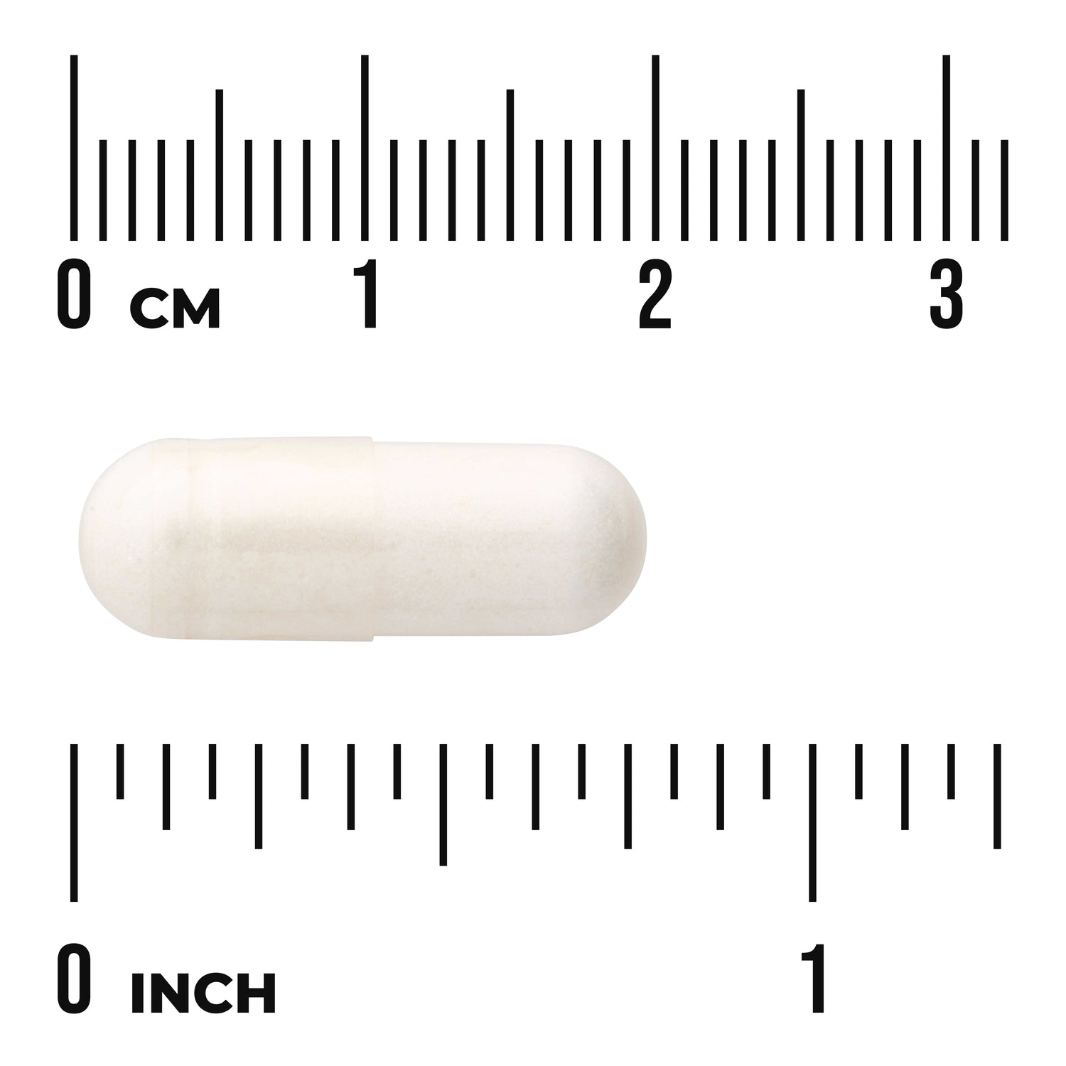 SWU204 | White capsule displayed against centimeter and inch rulers showing size
