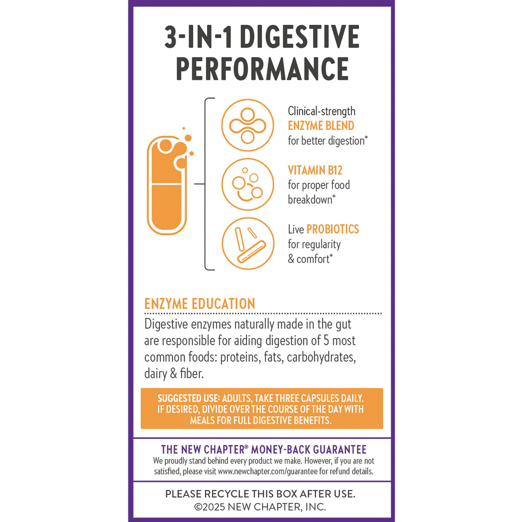 NWC397 | back panel showing 3-in-1 digestive performance infographic, enzyme education and suggested use directions - Thumbnail