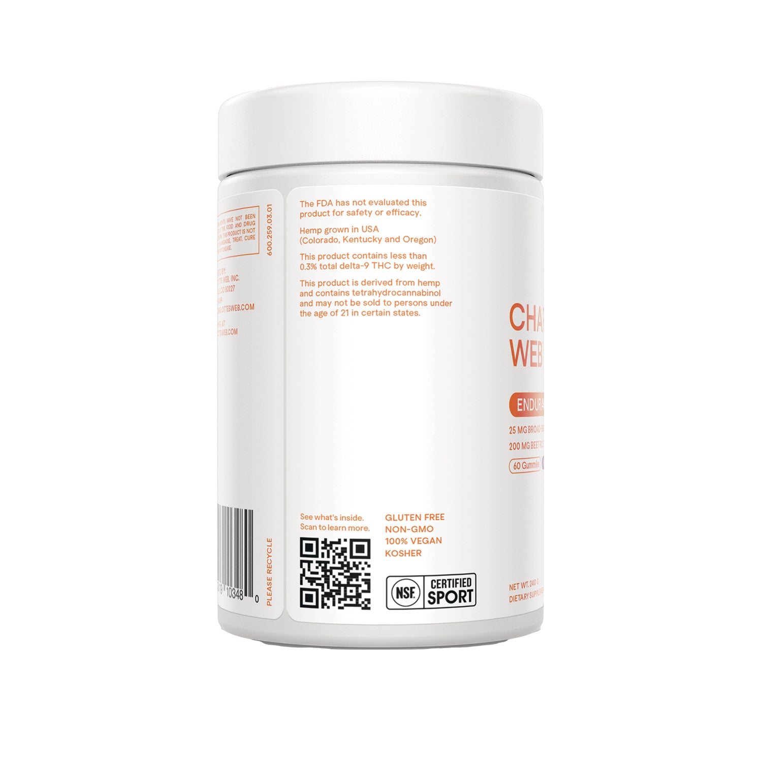 RE001 | white supplement bottle back showing orange label text, QR code, barcode and certification icons