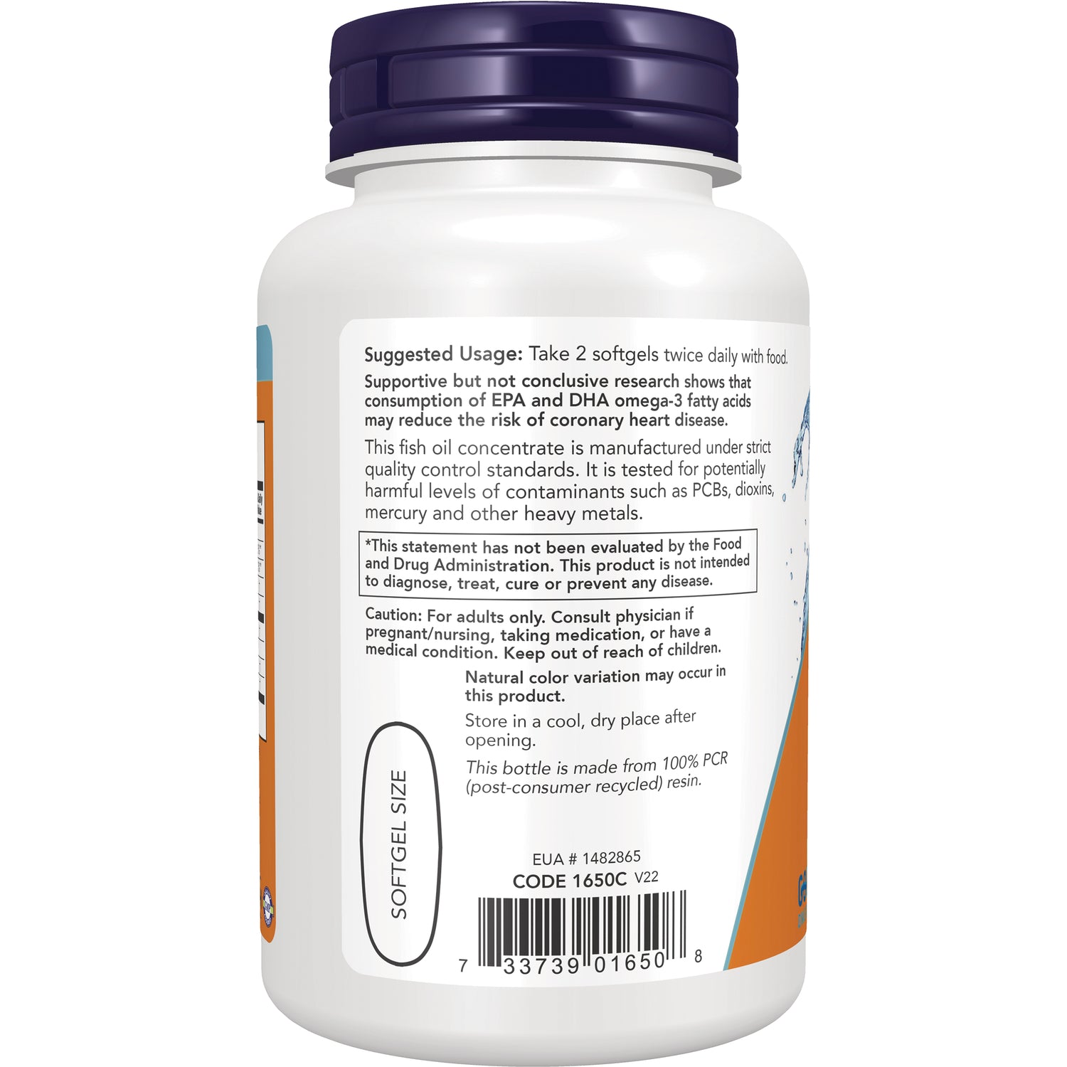 NWF074 | Back label of white supplement bottle showing suggested usage, caution, barcode and softgel size graphic