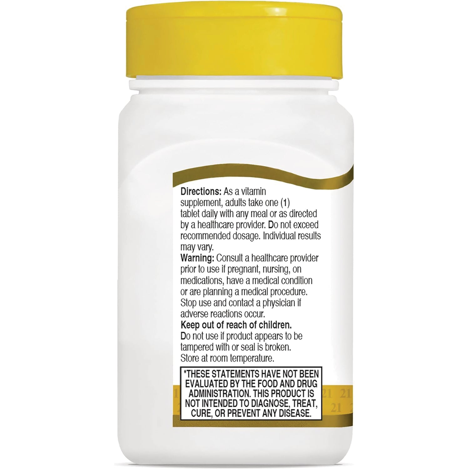 CNT167 | Back of white supplement bottle with yellow cap showing directions, warnings, and FDA disclaimer box