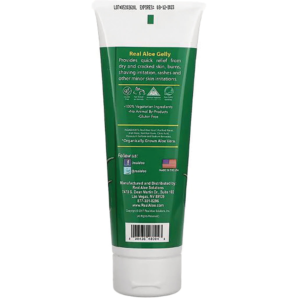 RA007 | Back of green tube labeled Real Aloe Gelly showing ingredients, barcode, and manufacturer information - Thumbnail