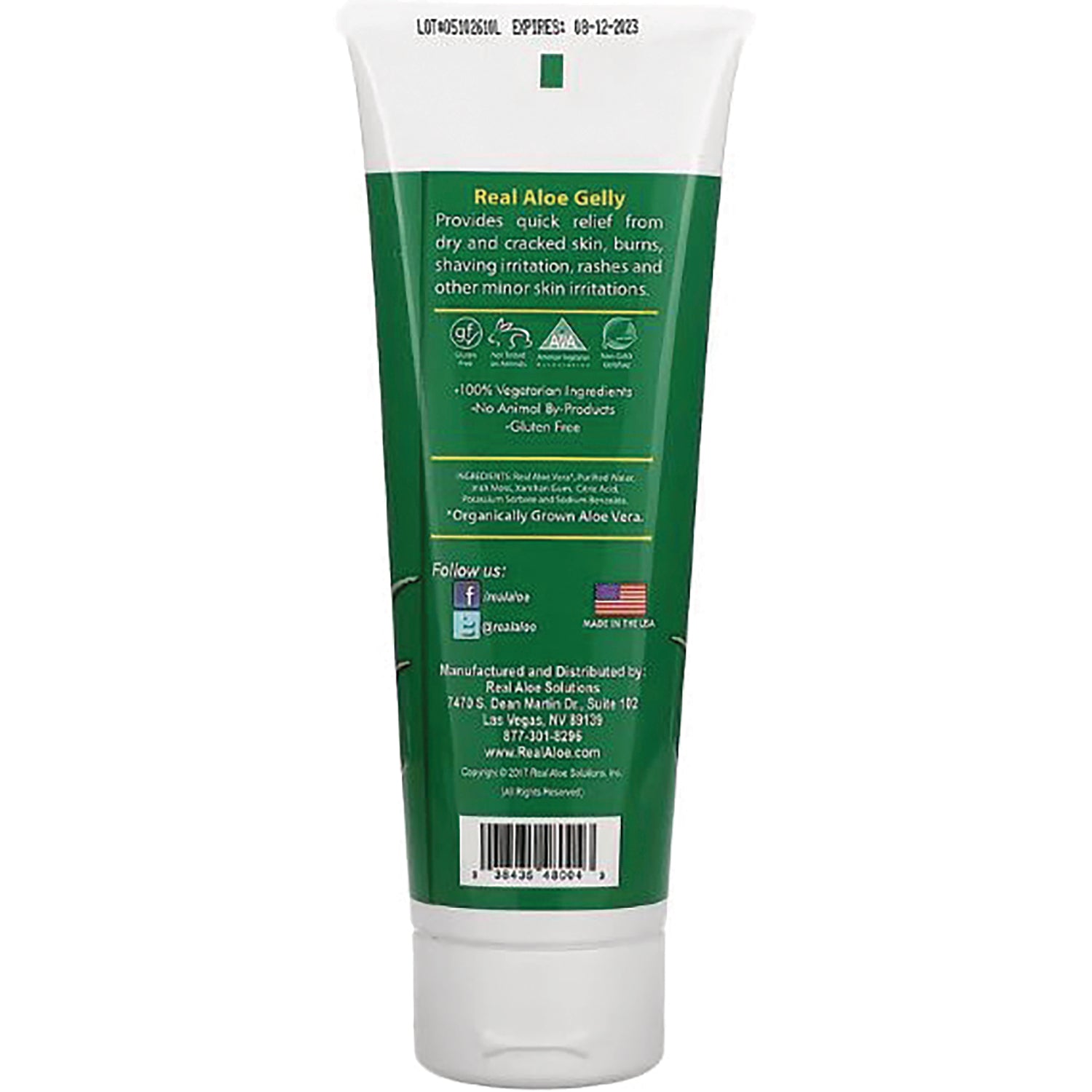 RA007 | Back of green tube labeled Real Aloe Gelly showing ingredients, barcode, and manufacturer information
