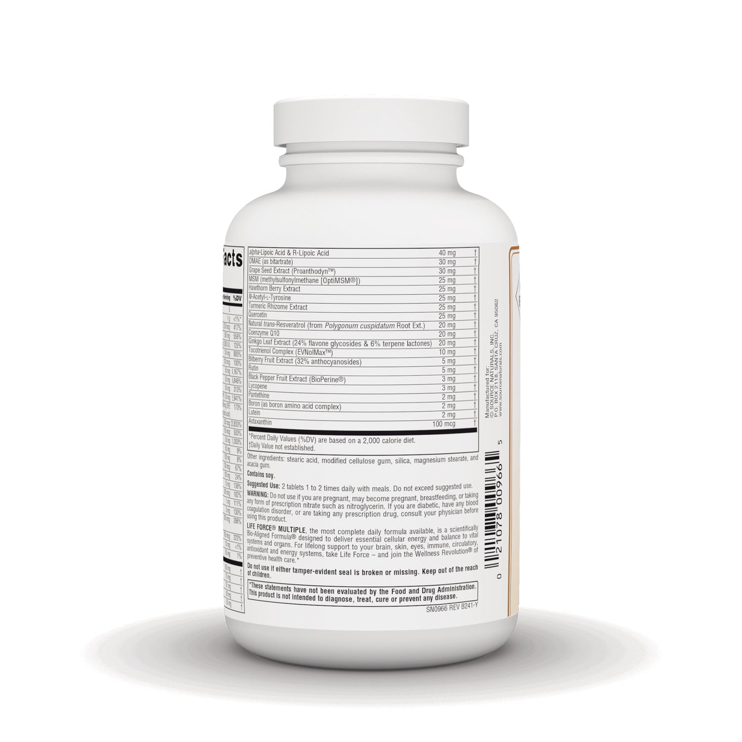 SN487 | Back label showing Supplement Facts, ingredients, directions, and warnings on white bottle