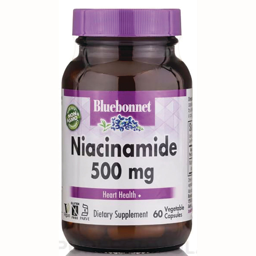 BLU105 | Bluebonnet Niacinamide 500 mg dietary supplement bottle, 60 vegetable capsules, front label - Thumbnail