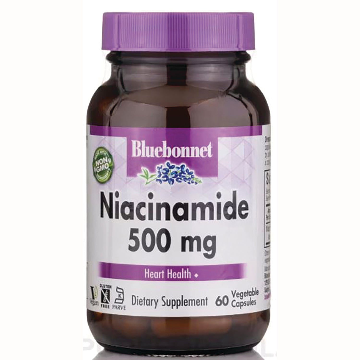 BLU105 | Bluebonnet Niacinamide 500 mg dietary supplement bottle, 60 vegetable capsules, front label