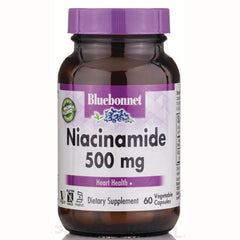 BLU105 | Bluebonnet Niacinamide 500 mg dietary supplement bottle, 60 vegetable capsules, front label