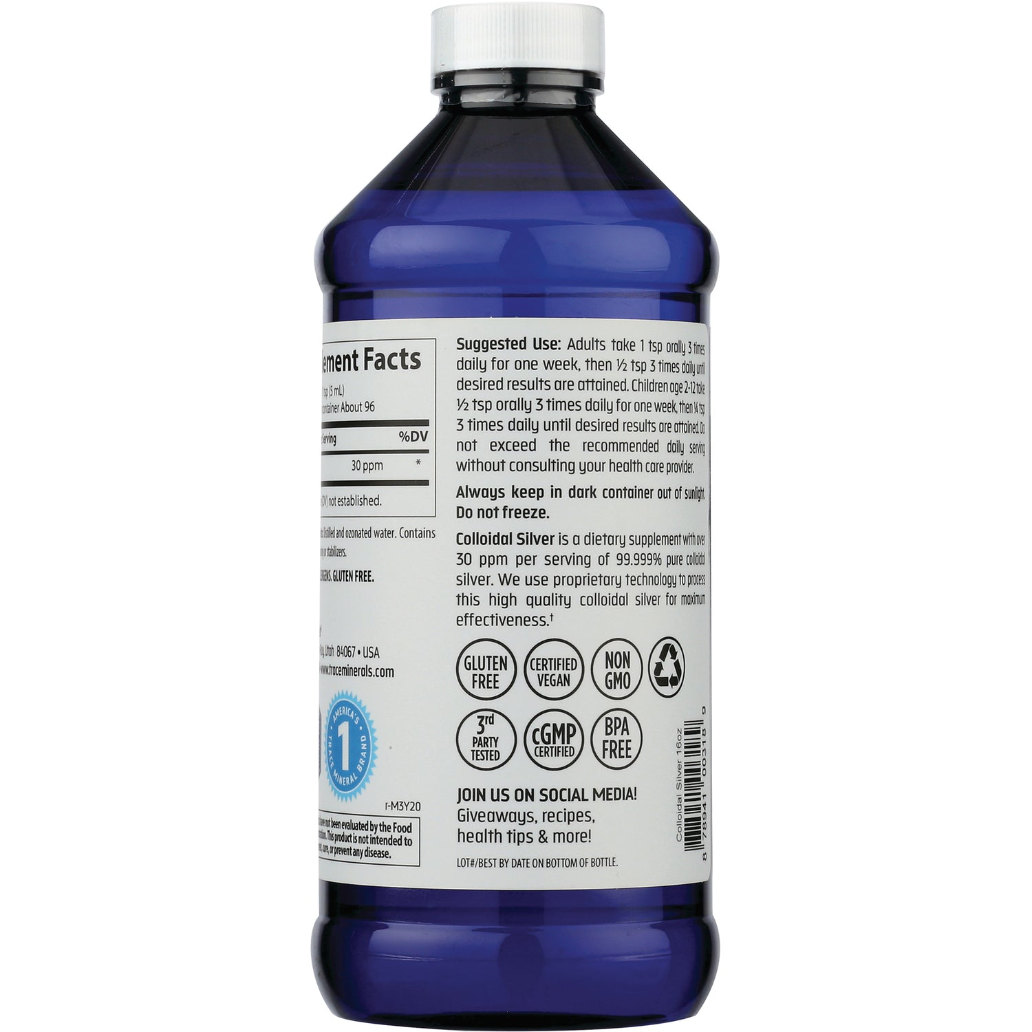 TM096 | Back label of blue bottle with Supplement Facts, directions, and icons: Gluten Free, Certified Vegan, Non GMO, cGMP