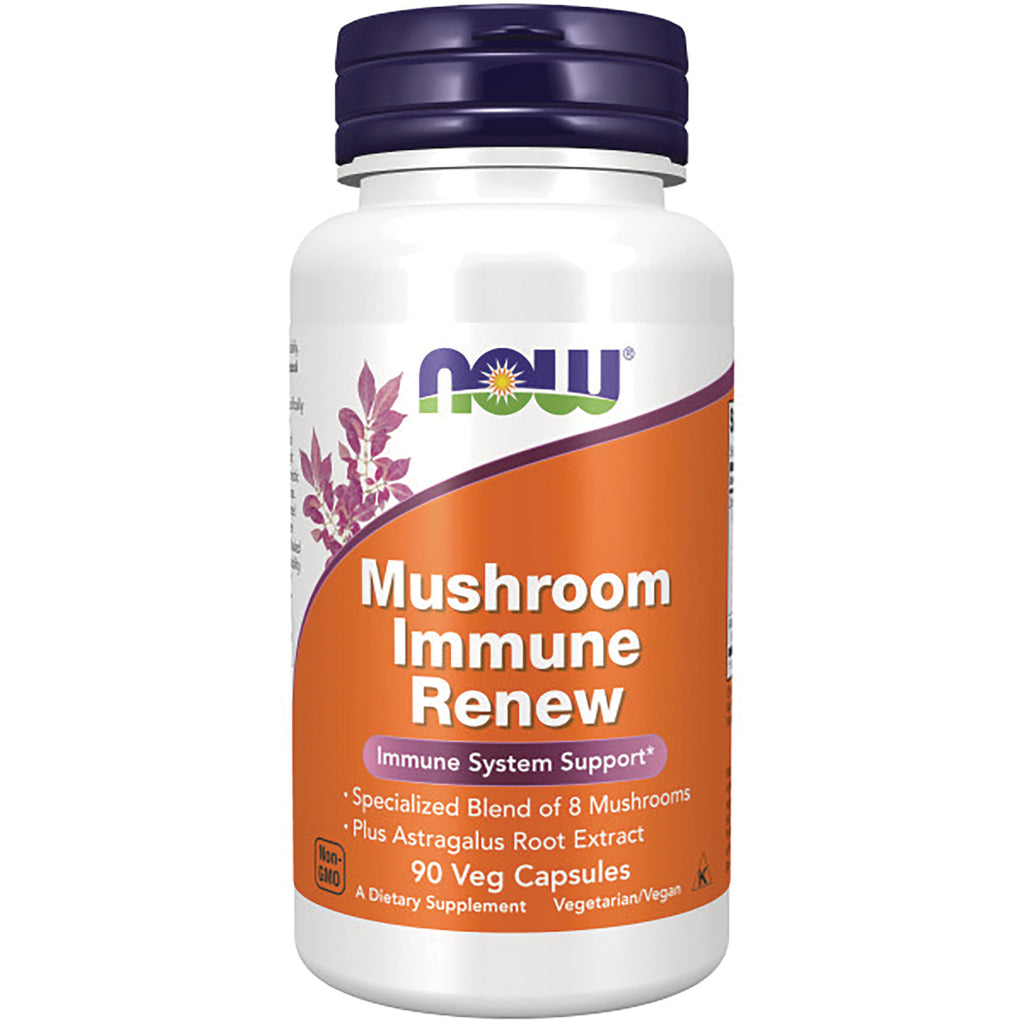 NWF827 | NOW Mushroom Immune Renew supplement bottle with label reading Mushroom Immune Renew and 90 Veg Capsules - Thumbnail