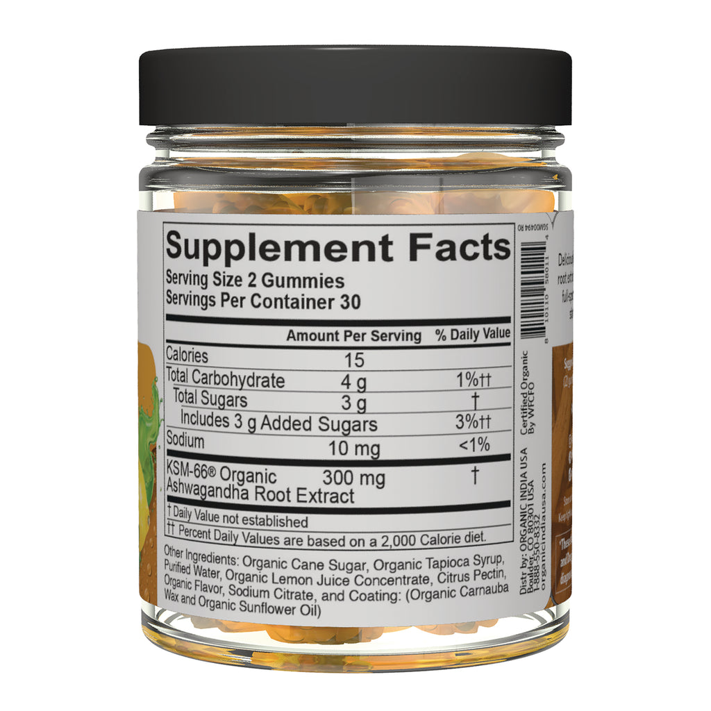 RGN108 | Back label showing Supplement Facts panel for gummy jar, serving size 2 gummies, KSM-66 organic ashwagandha 300 mg - Thumbnail