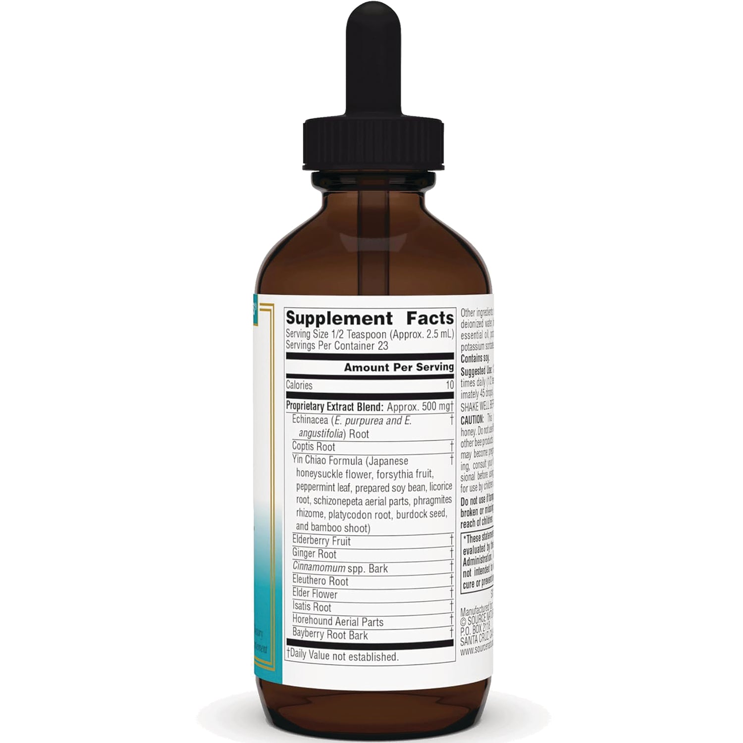 SN407 | Back label showing Supplement Facts and ingredients panel on dropper bottle