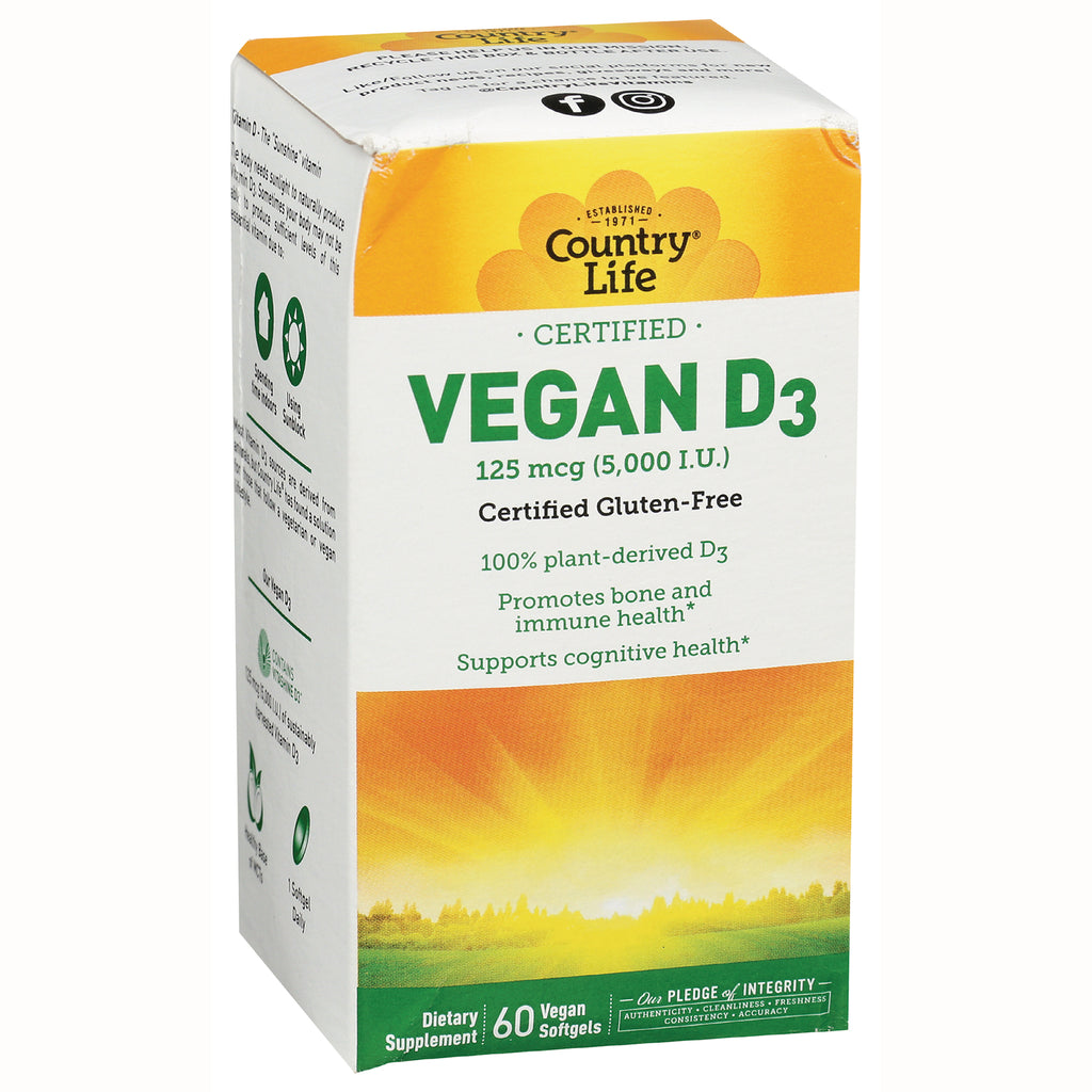 CRL592 | Country Life Vegan D3 125 mcg (5,000 I.U.) box, certified gluten-free, 60 vegan softgels - Thumbnail