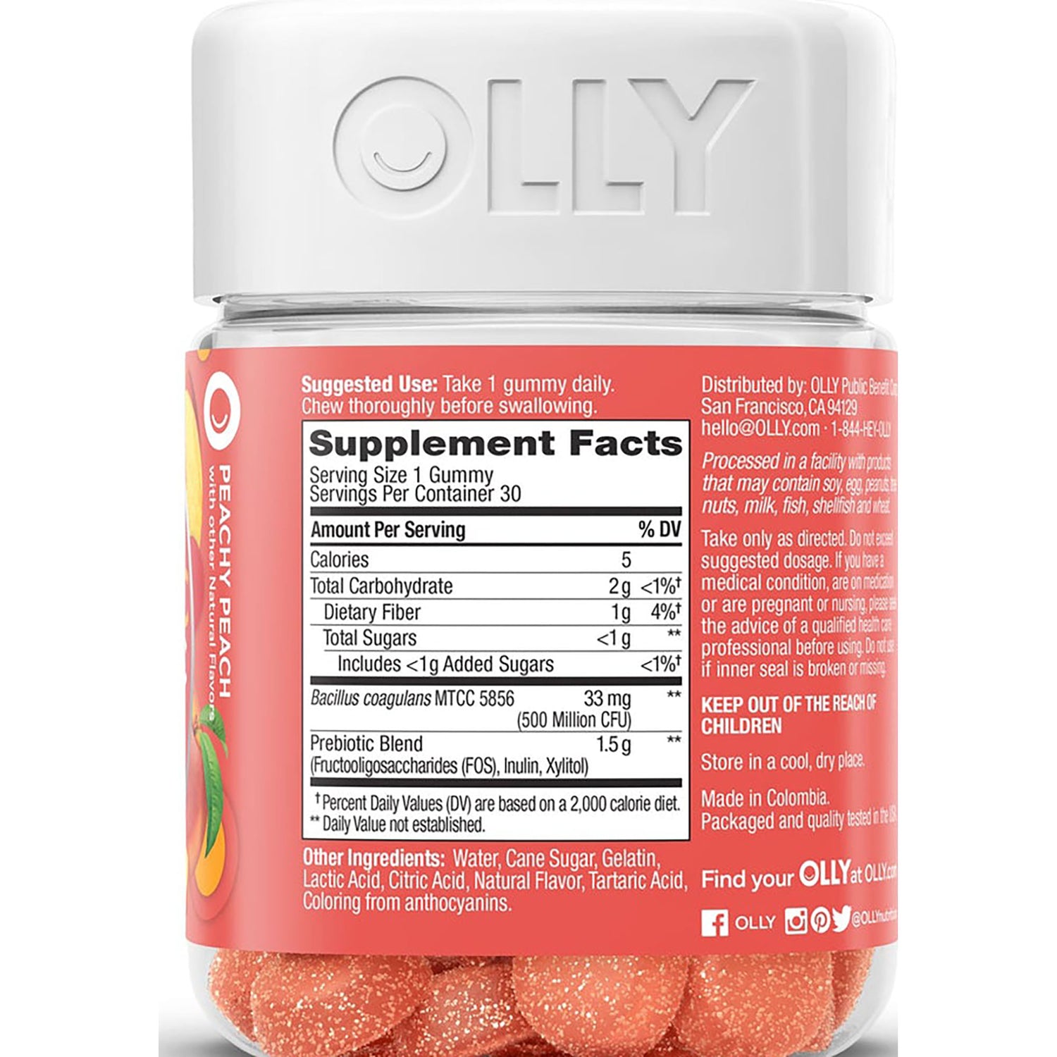 OLY004 | Back of OLLY peach gummy jar showing supplement facts, ingredients and warnings