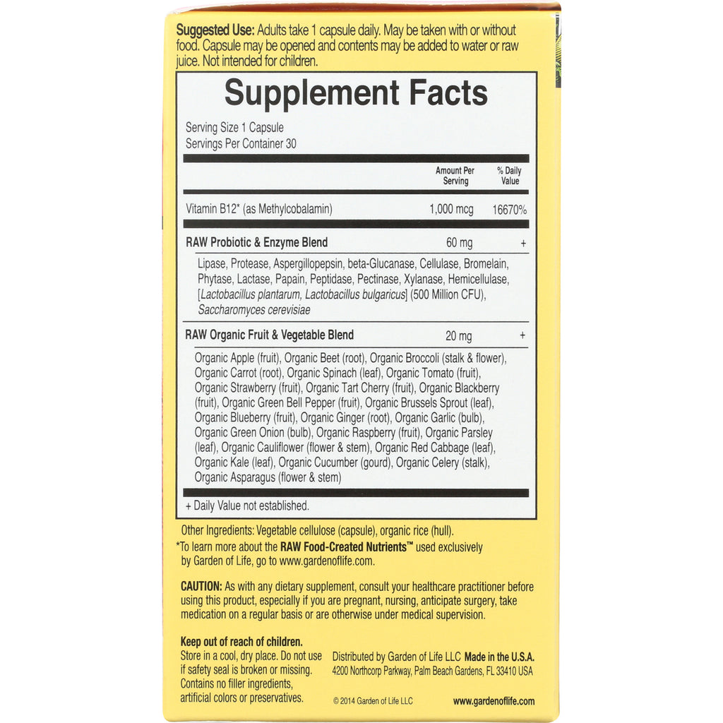 GLF101 | Back panel showing Supplement Facts with serving size, Vitamin B12, RAW probiotic and organic fruit and vegetable blends - Thumbnail