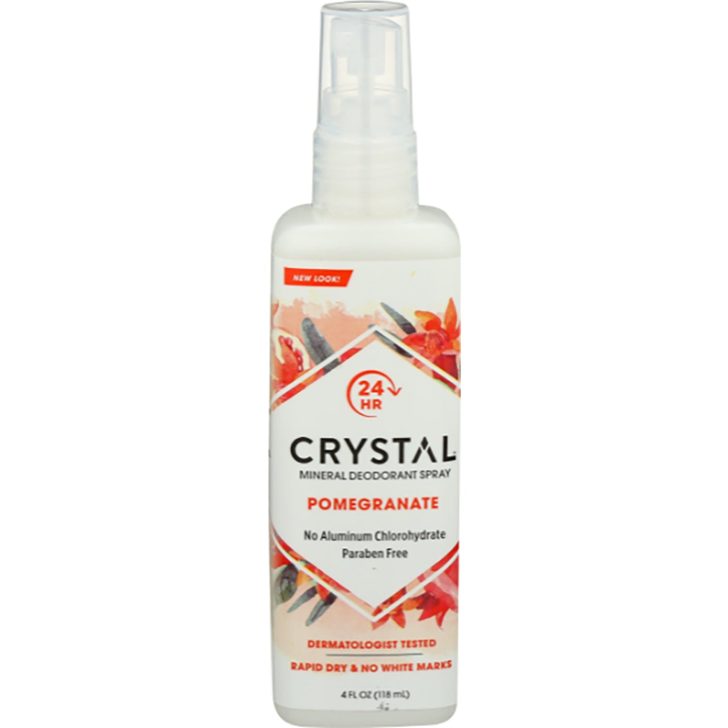 CRY010 | White spray bottle labeled CRYSTAL mineral deodorant spray POMEGRANATE 4 fl oz