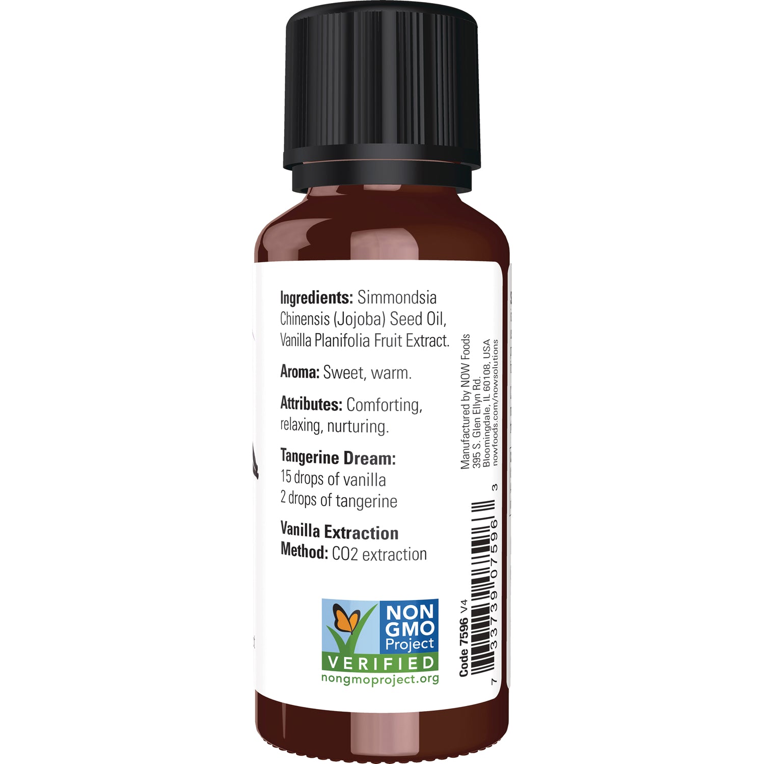 NWF642 | back label of brown bottle showing ingredients, aroma, attributes, barcode, and Non-GMO Project logo