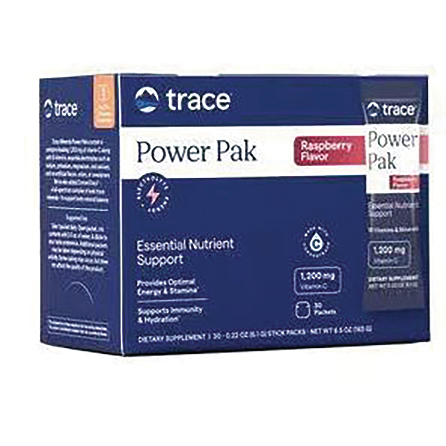 TM021 | Trace Power Pak Raspberry Flavor electrolyte drink mix box, 1,200 mg Vitamin C, 30 packets