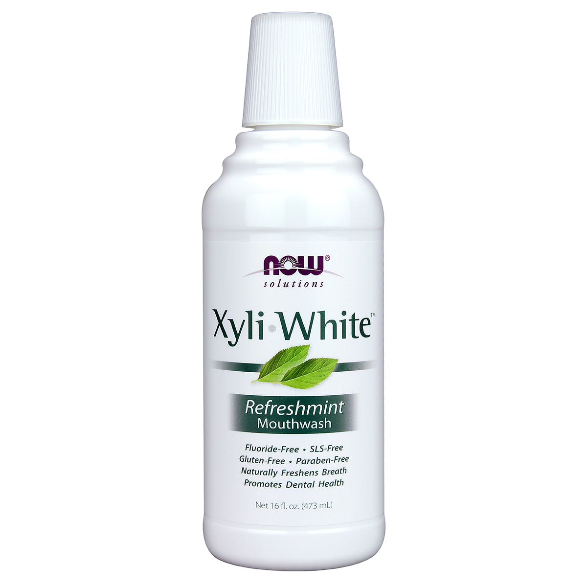 NWF645 | NOW Solutions XyliWhite Refreshmint mouthwash bottle front, 16 fl oz (473 mL)
