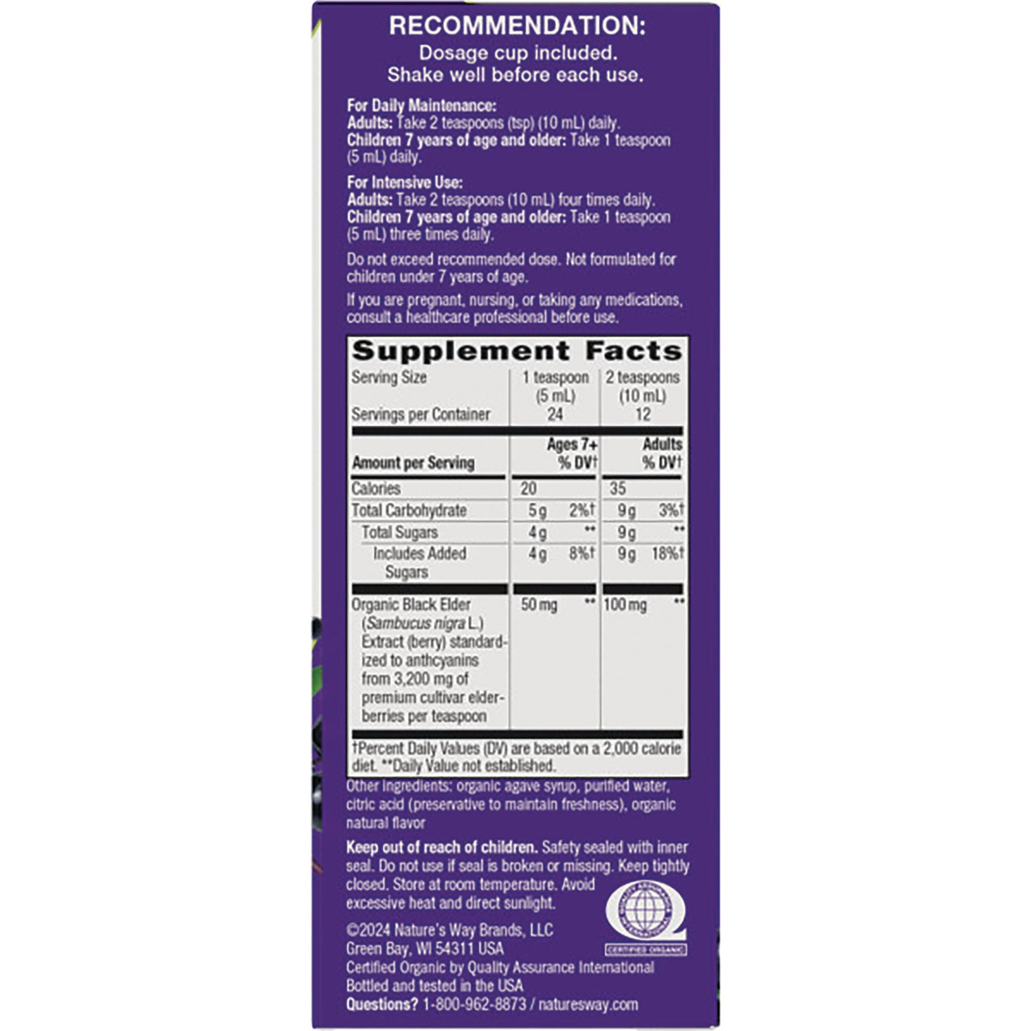 NW808 | Back label showing dosage recommendations and Supplement Facts panel with serving size, calories, total sugars, and organic black elder extract