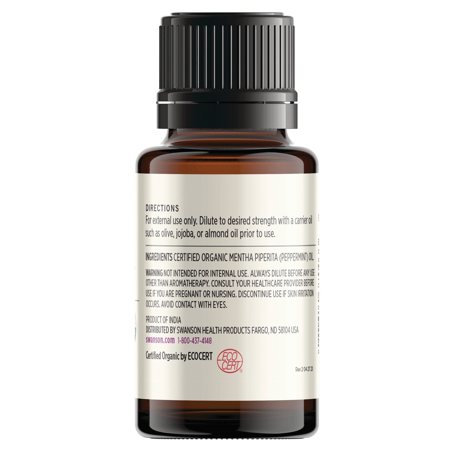 SWAR013 | Back label of essential oil bottle showing directions 'For external use only' and ingredient Mentha piperita (peppermint) oil