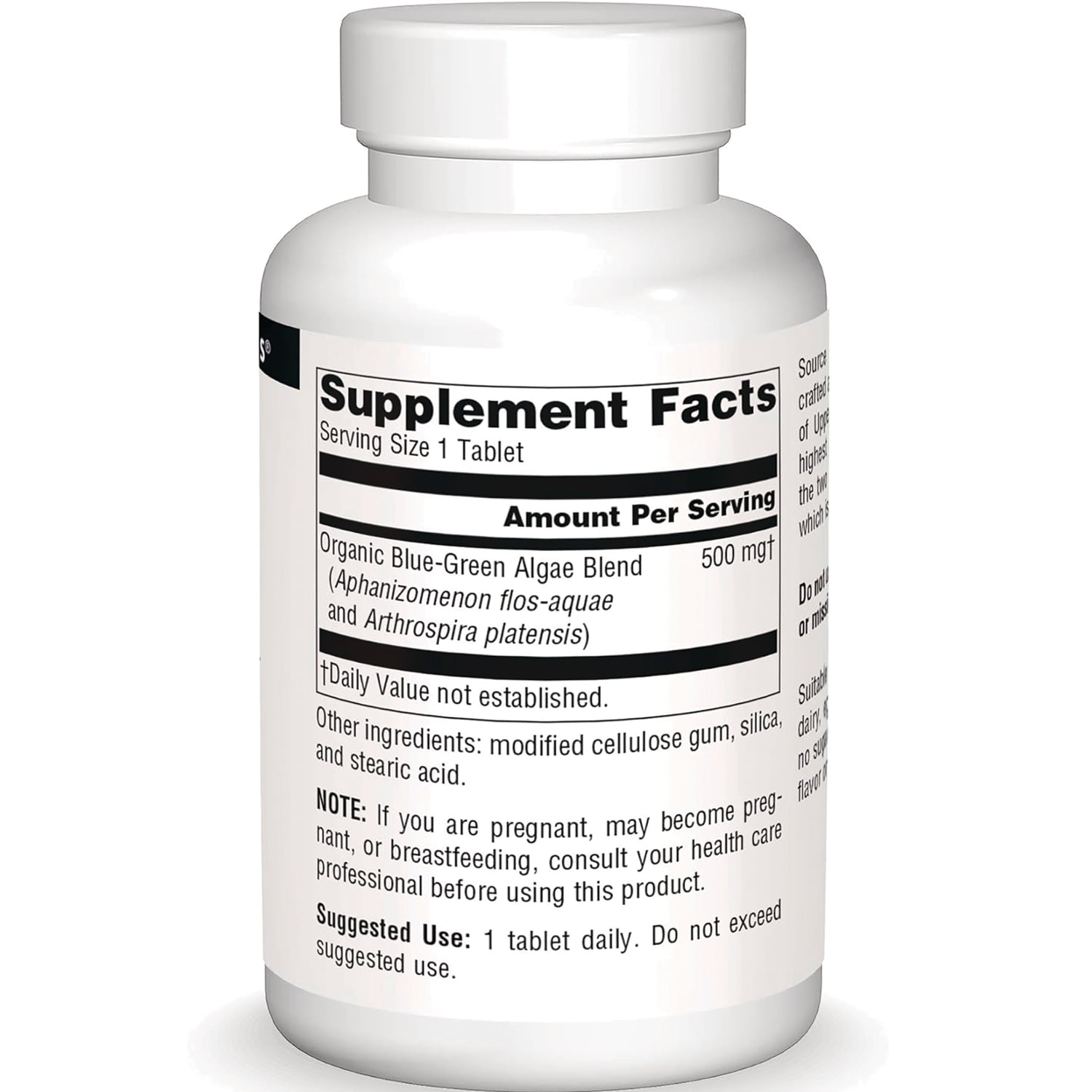 SN809 | Supplement Facts panel with serving size 1 tablet and Organic Blue-Green Algae Blend 500 mg