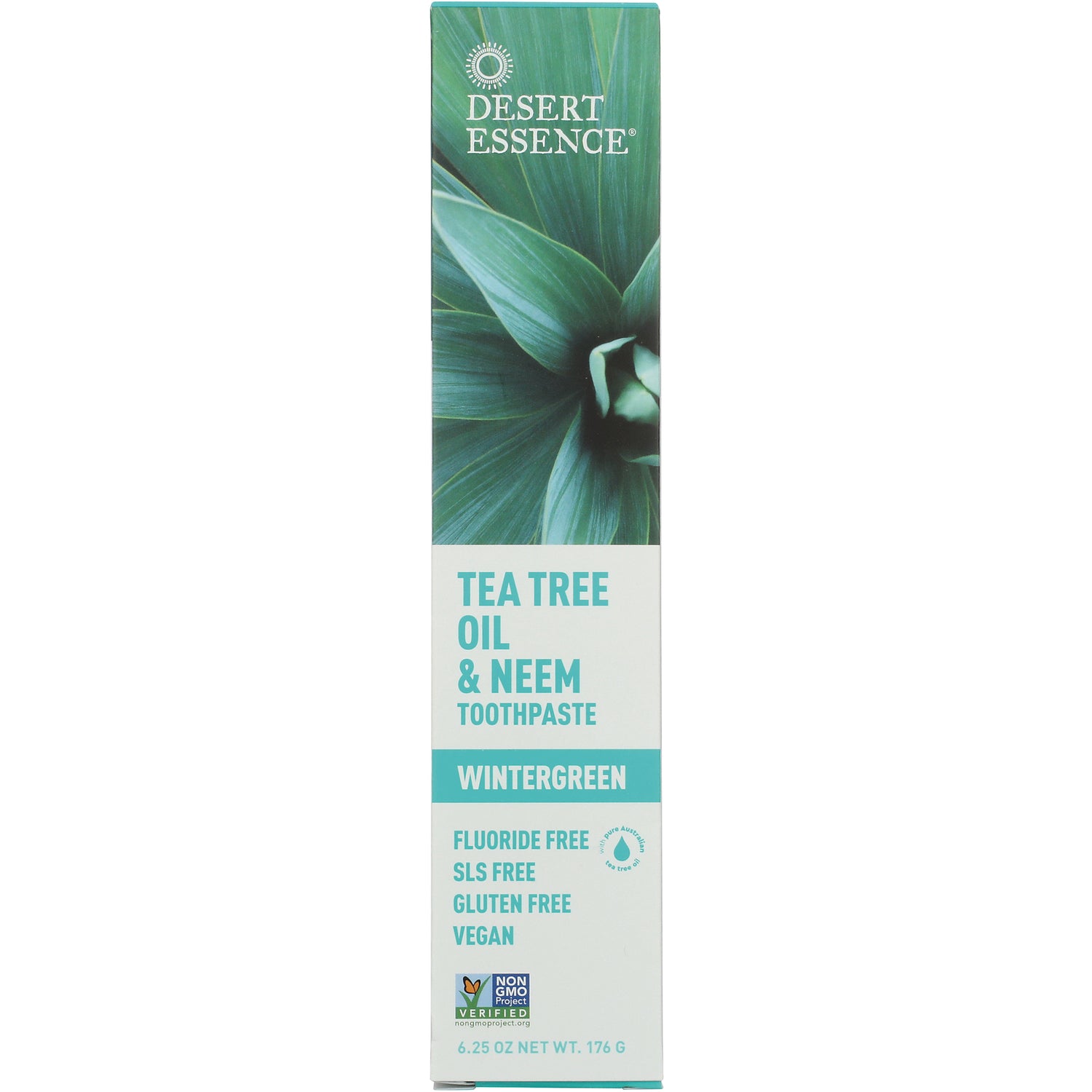 DST026 | Desert Essence Tea Tree Oil & Neem toothpaste wintergreen front box showing wintergreen and labels fluoride free SLS free gluten free vegan