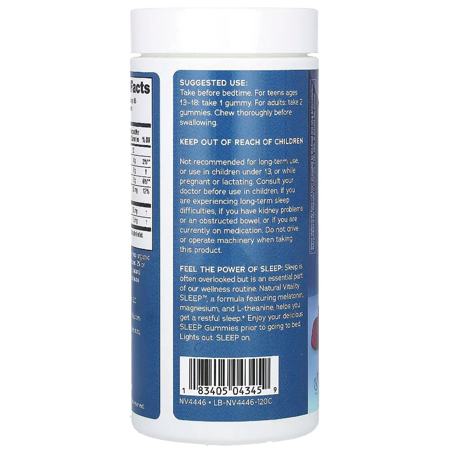 NVT055 | Back label showing suggested use, warnings, and barcode for sleep gummies