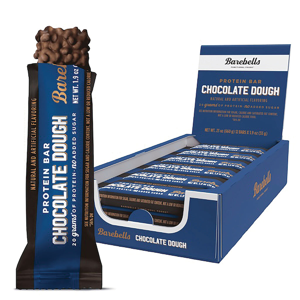 BAE002 | Barebells Chocolate Dough protein bar with chocolate-coated chunks beside open display box - Thumbnail