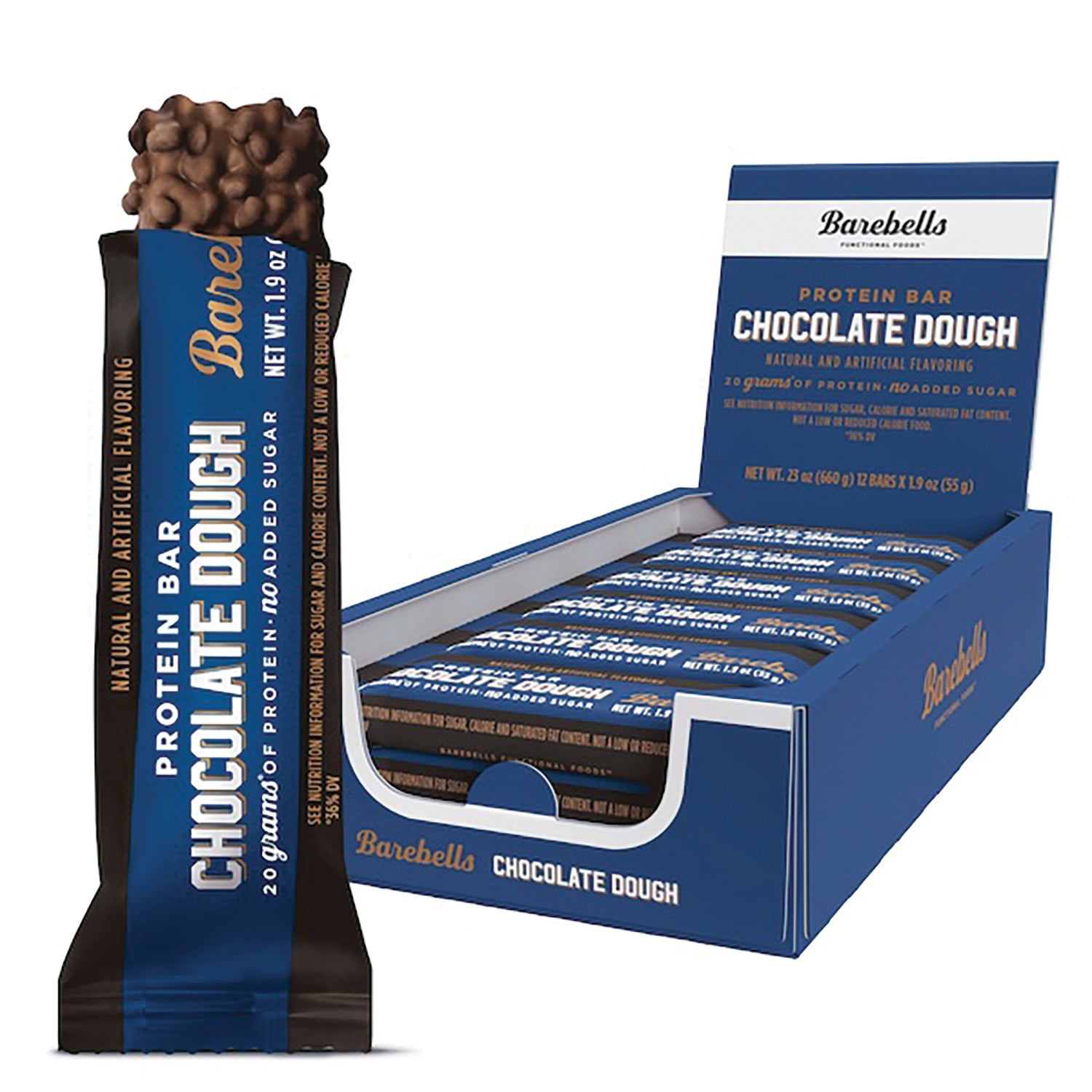 BAE002 | Barebells Chocolate Dough protein bar with chocolate-coated chunks beside open display box