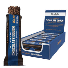 BAE002 | Barebells Chocolate Dough protein bar with chocolate-coated chunks beside open display box