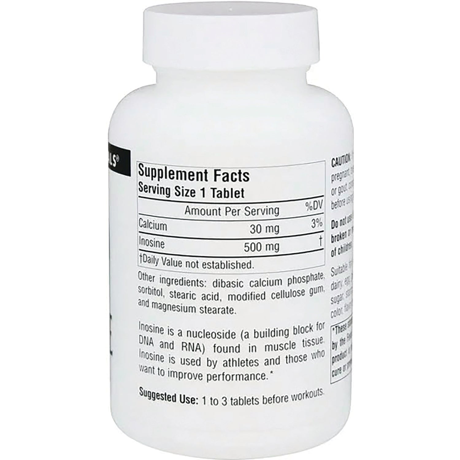 SN658 | Back label with Supplement Facts, serving size 1 tablet, calcium 30 mg, inosine 500 mg