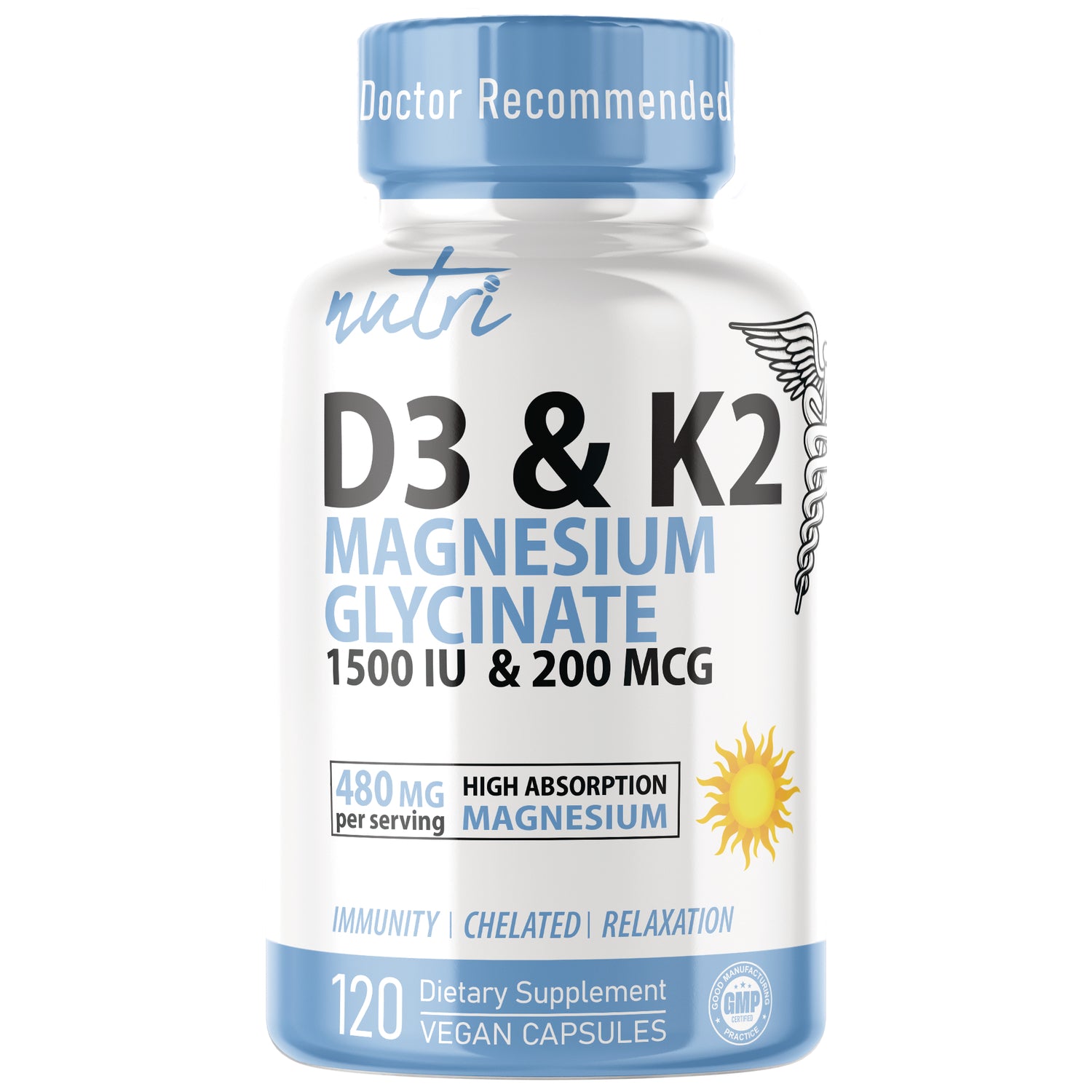 NFU017 | White and blue bottle of Nature's Fusions Nutri D3 and K2 Magnesium Glycinate, 120 vegan capsules