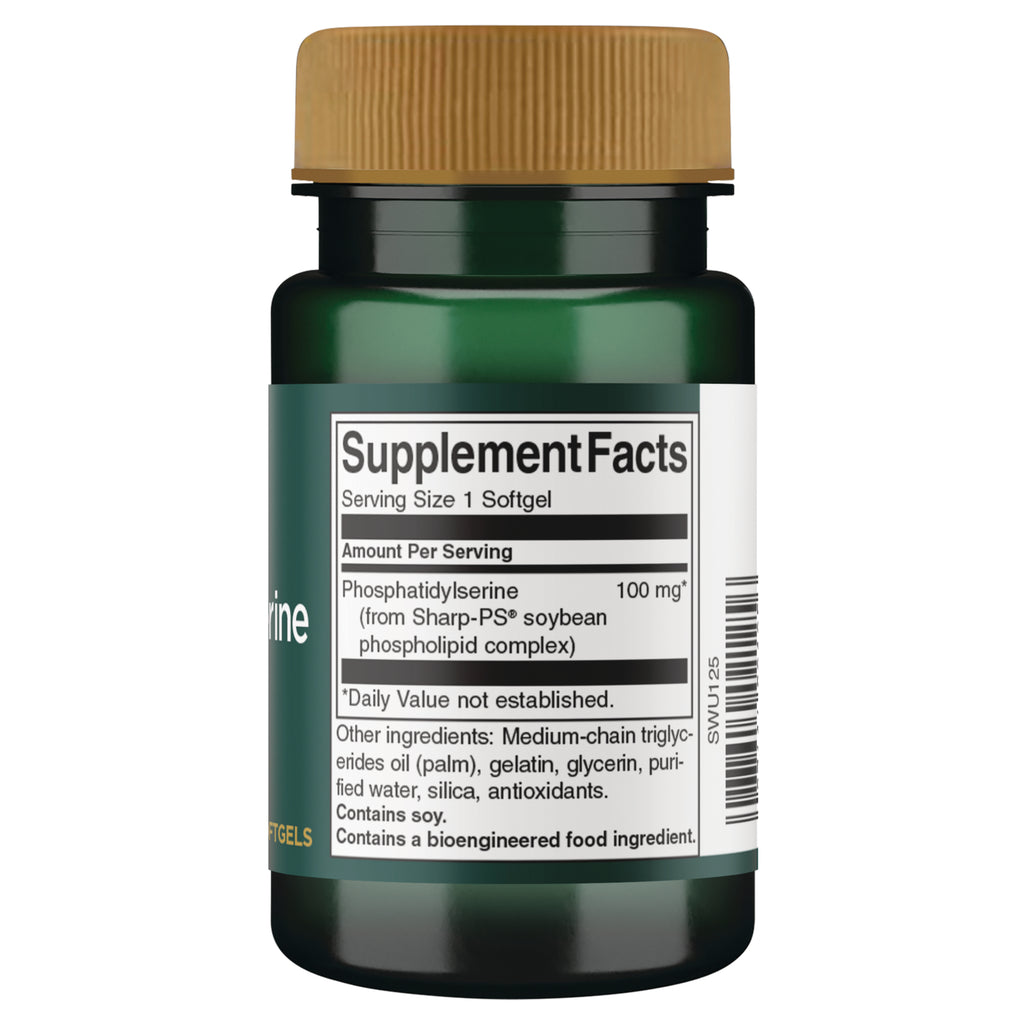 SWU125 | Back label with Supplement Facts for Phosphatidylserine 100 mg, serving size 1 softgel, ingredients and barcode - Thumbnail