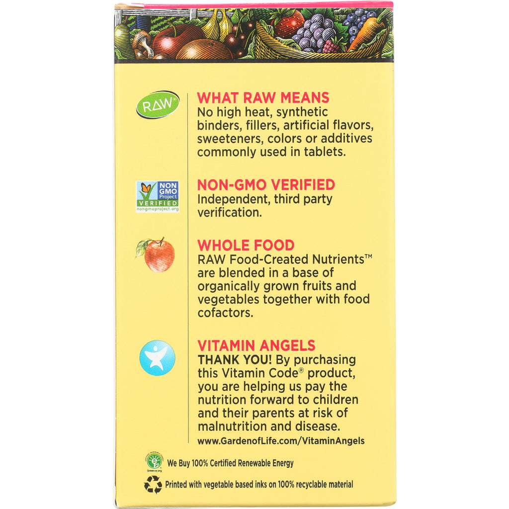 GLF101 | back of yellow supplement box showing WHAT RAW MEANS, NON-GMO VERIFIED, WHOLE FOOD, VITAMIN ANGELS text and icons - Thumbnail