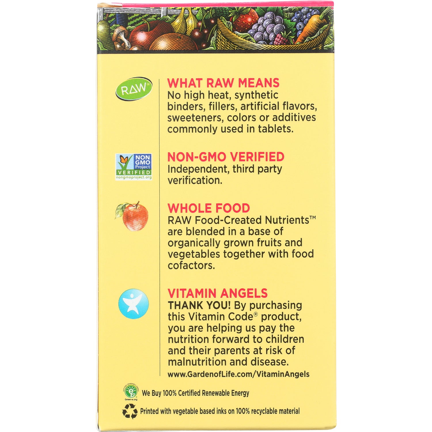 GLF101 | back of yellow supplement box showing WHAT RAW MEANS, NON-GMO VERIFIED, WHOLE FOOD, VITAMIN ANGELS text and icons