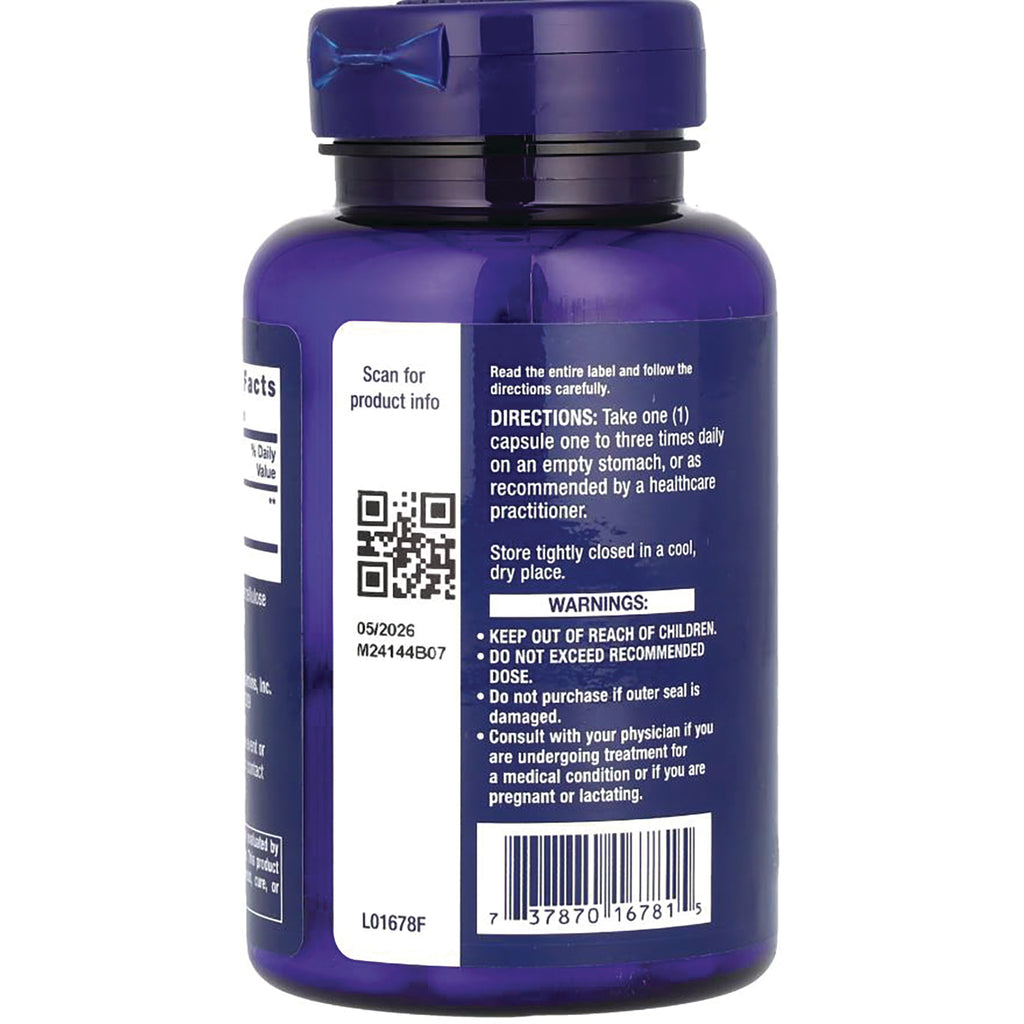 LE335 | Back of blue supplement bottle showing directions, warnings, QR code and barcode - Thumbnail