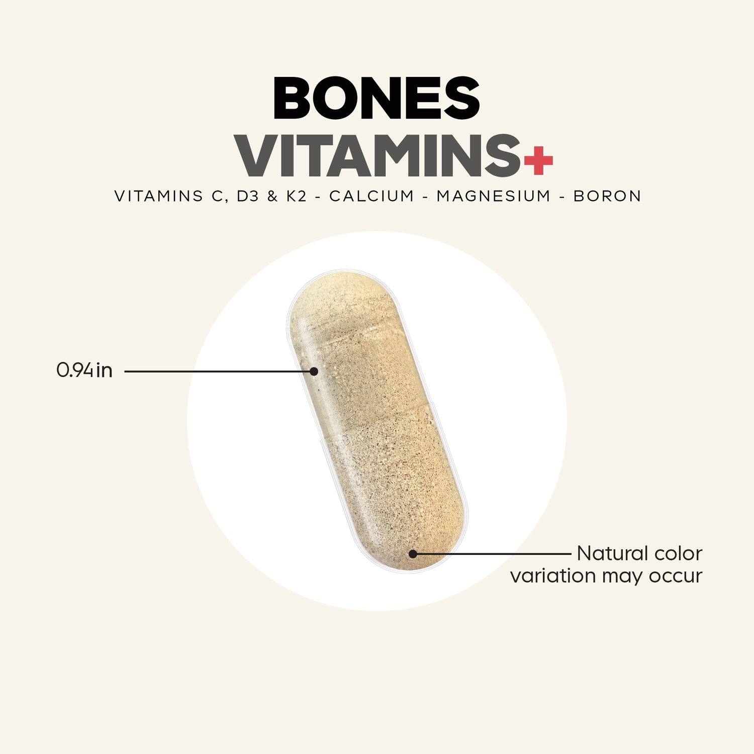 CDG044 | Bone Vitamins+ capsule infographic with vitamins C, D3, K2, calcium, magnesium, and boron
