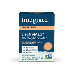 TG008 | True Grace ElectroMag electrolyte powder, Grapefruit, front of box with Zero Sugar, Zero Carbs, 16 stick packs