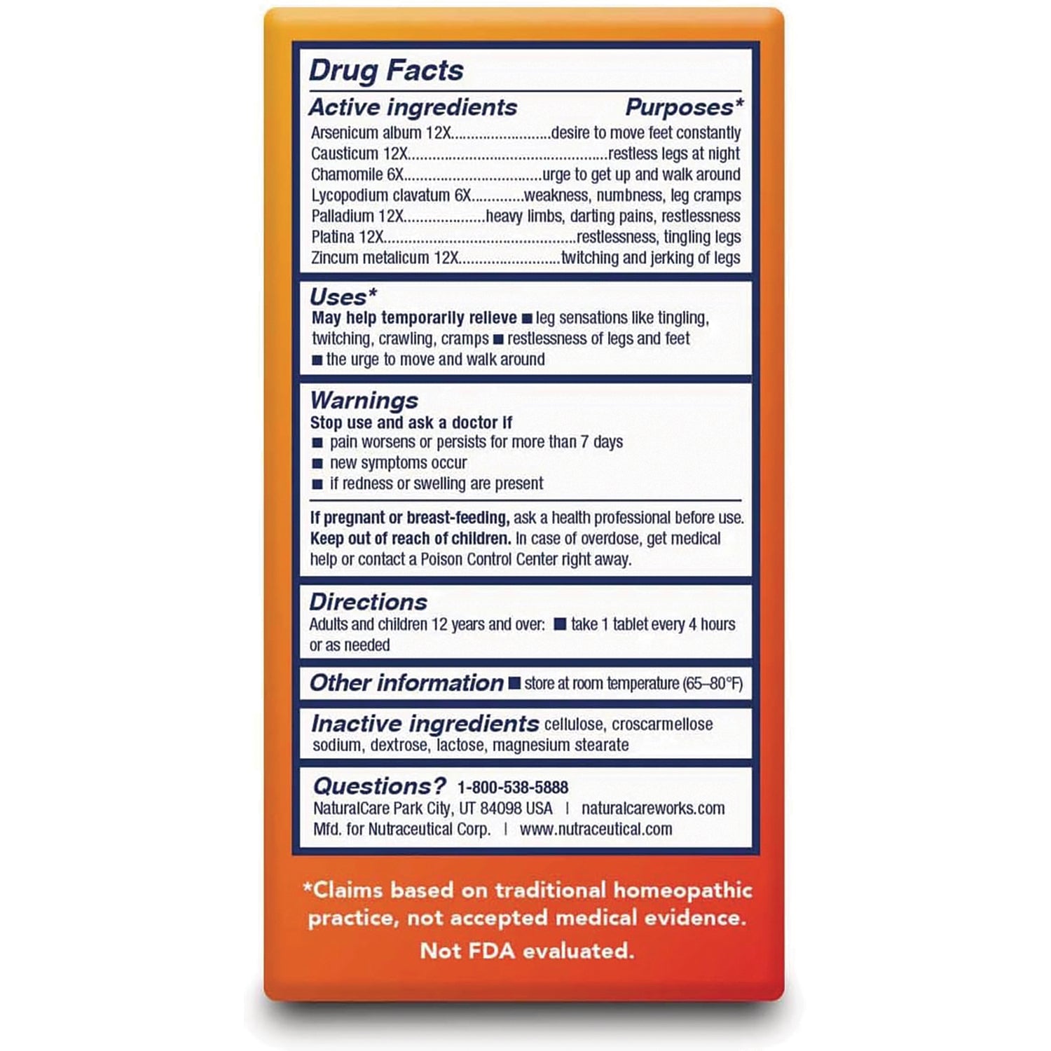 NTB038 | back label showing drug facts, active and inactive ingredients, uses, warnings, directions, and contact info
