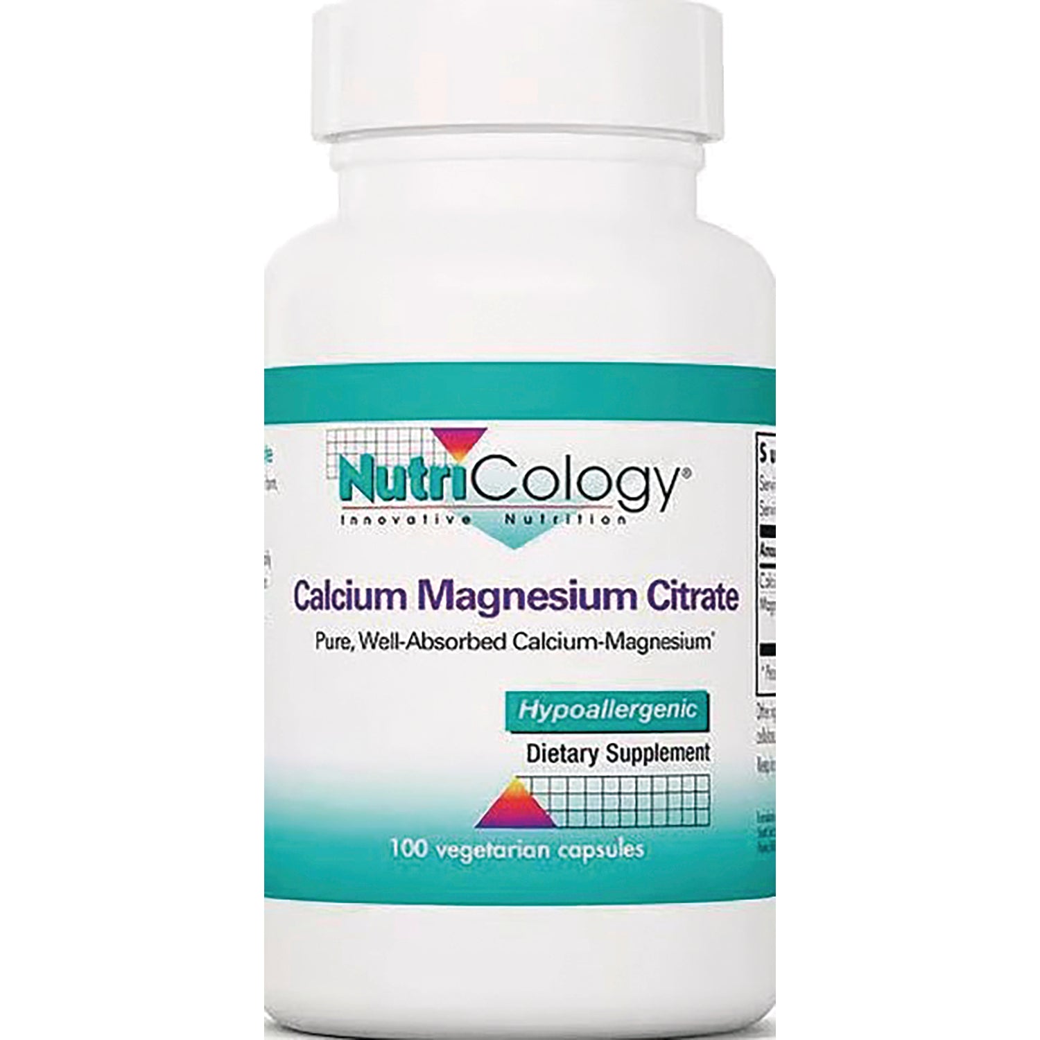 NCL114 | NutriCology Calcium Magnesium Citrate bottle, hypoallergenic dietary supplement, 100 vegetarian capsules