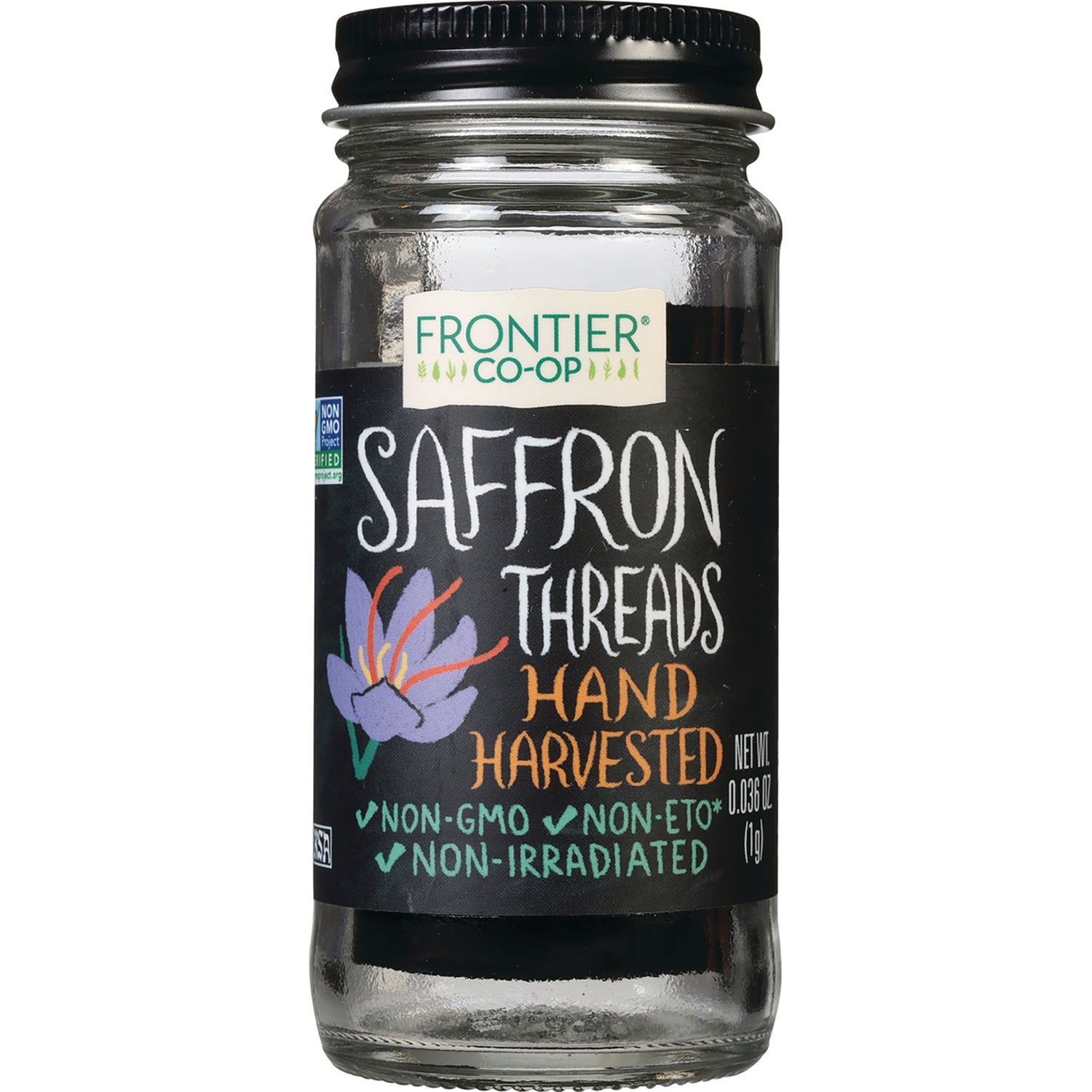 FNP001 | Frontier Co-op saffron threads in a glass jar labeled Hand Harvested Non-GMO non-irradiated