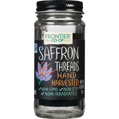 FNP001 | Frontier Co-op saffron threads in a glass jar labeled Hand Harvested Non-GMO non-irradiated