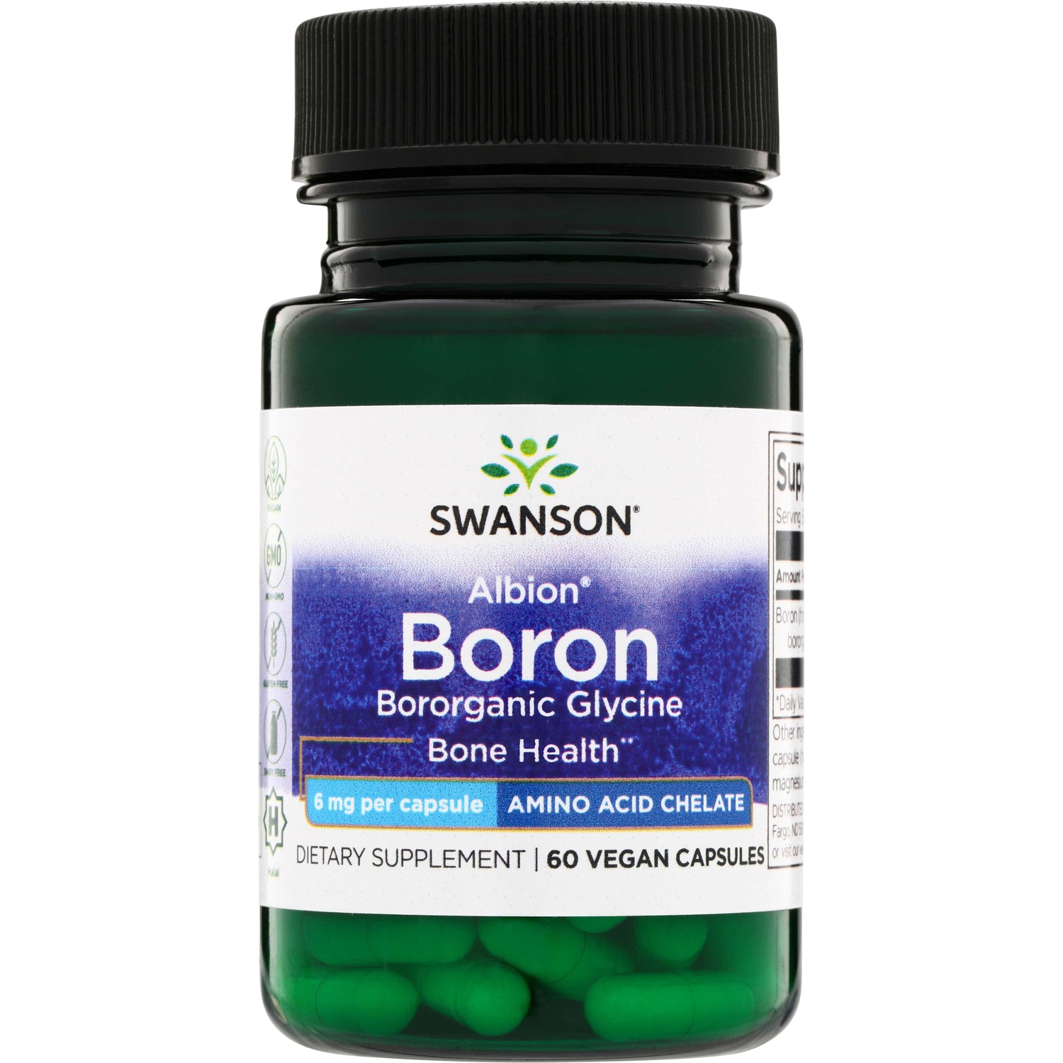SWU1028 | Swanson Albion Boron, Bororganic Glycine, 6 mg per capsule, 60 vegan capsules bottle