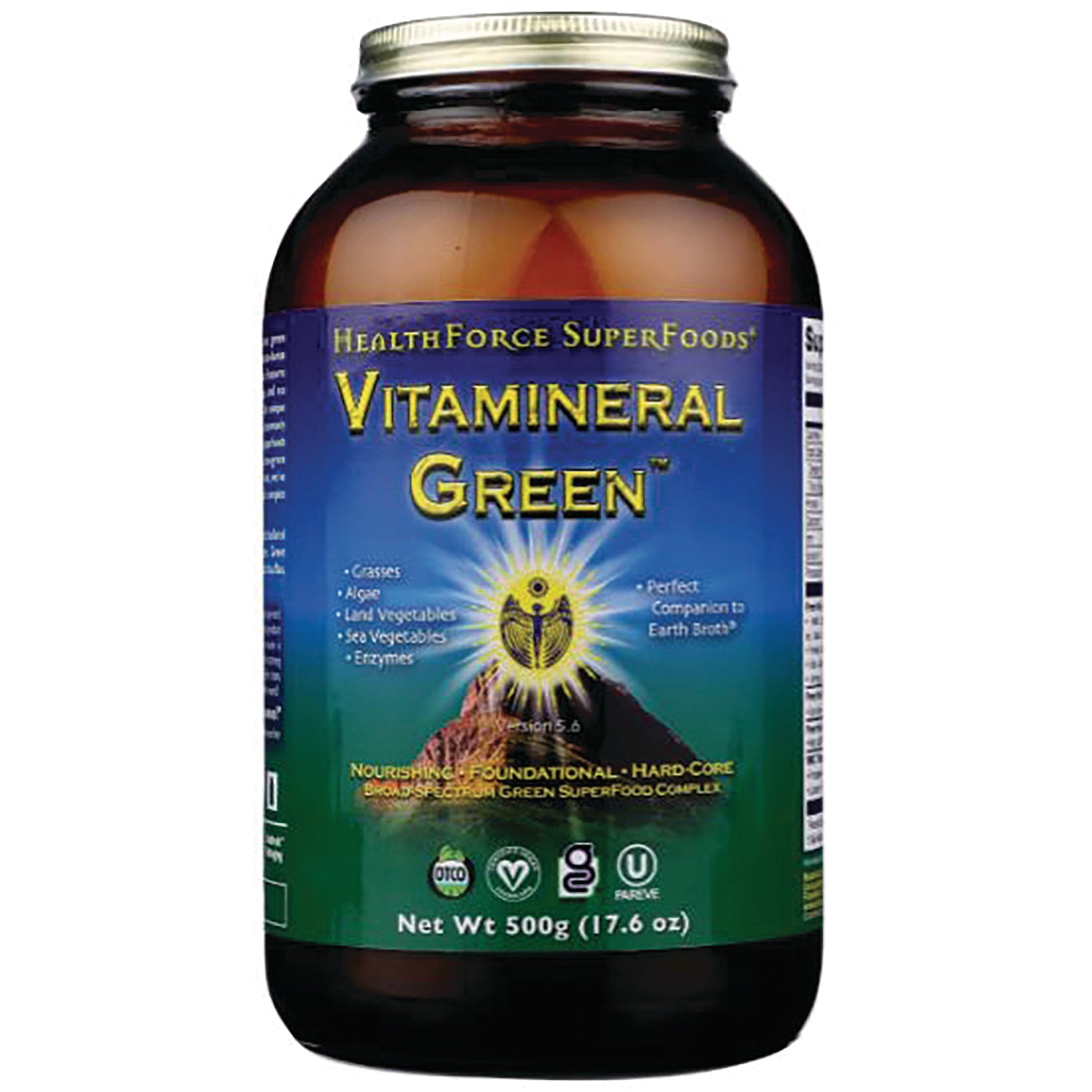 HFC009 | Glass jar of Vitamineral Green powder supplement with blue-green label showing VITAMINERAL GREEN and net wt 500g