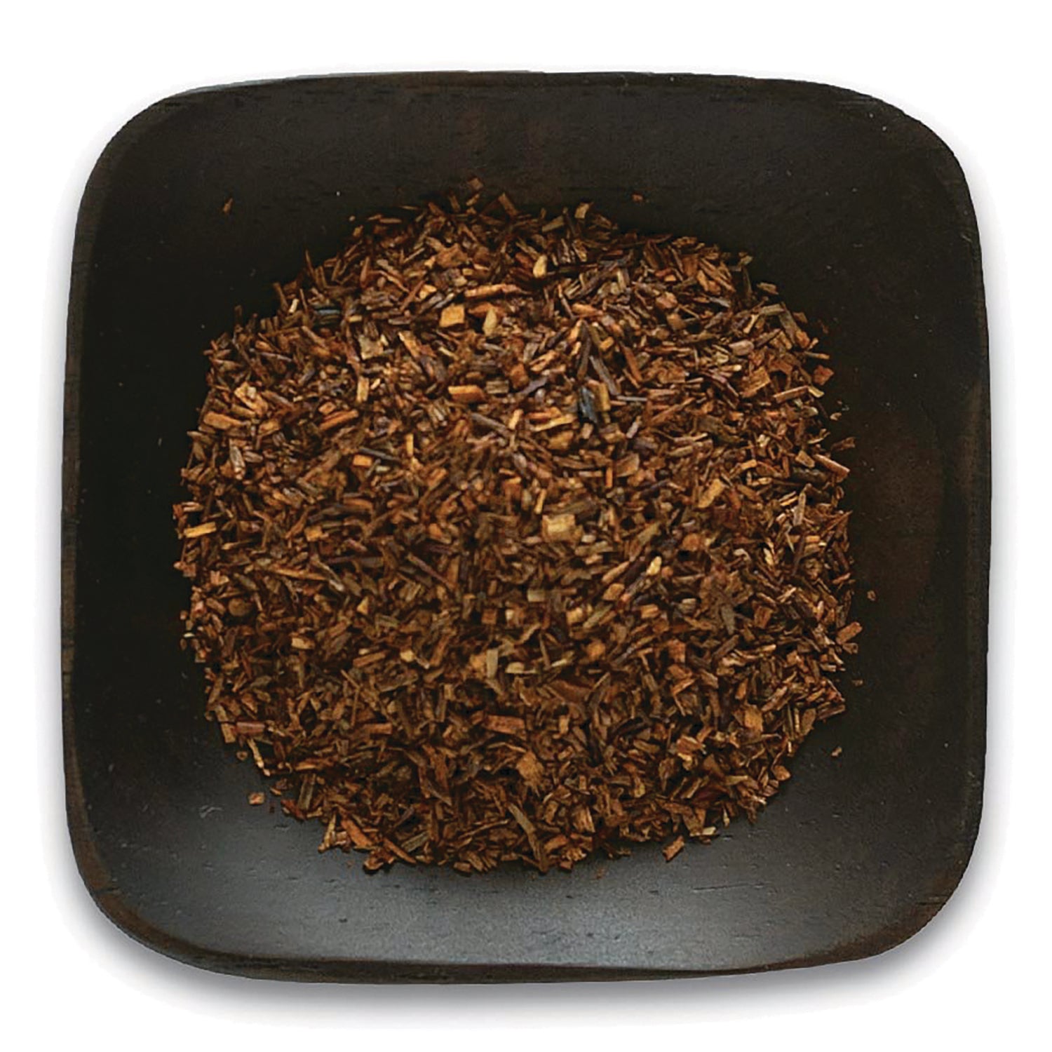 FNP030 | loose rooibos tea pieces in a square black bowl