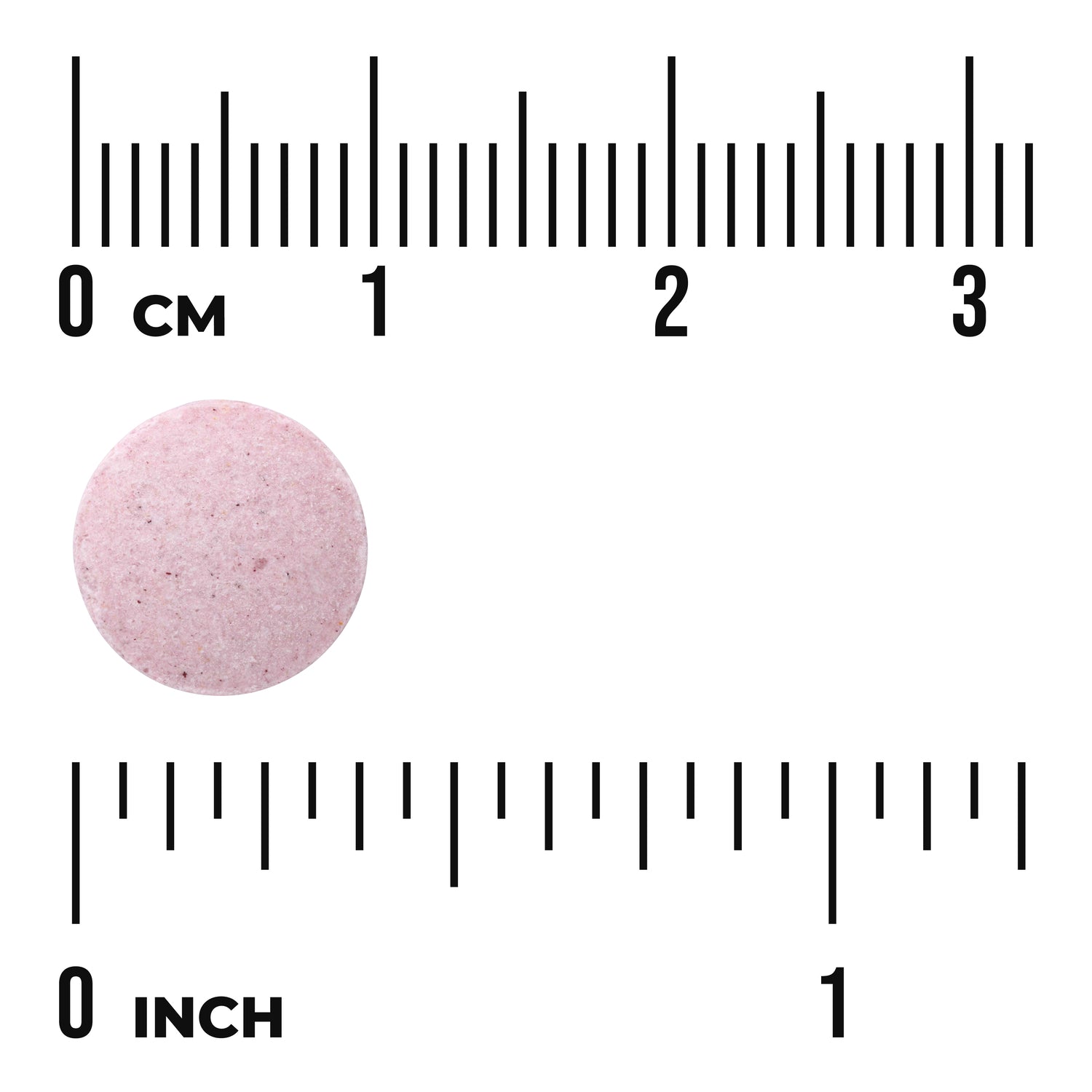 SWU790 | Pink round tablet next to centimeter and inch rulers showing size labeled "0 cm" and "0 inch"