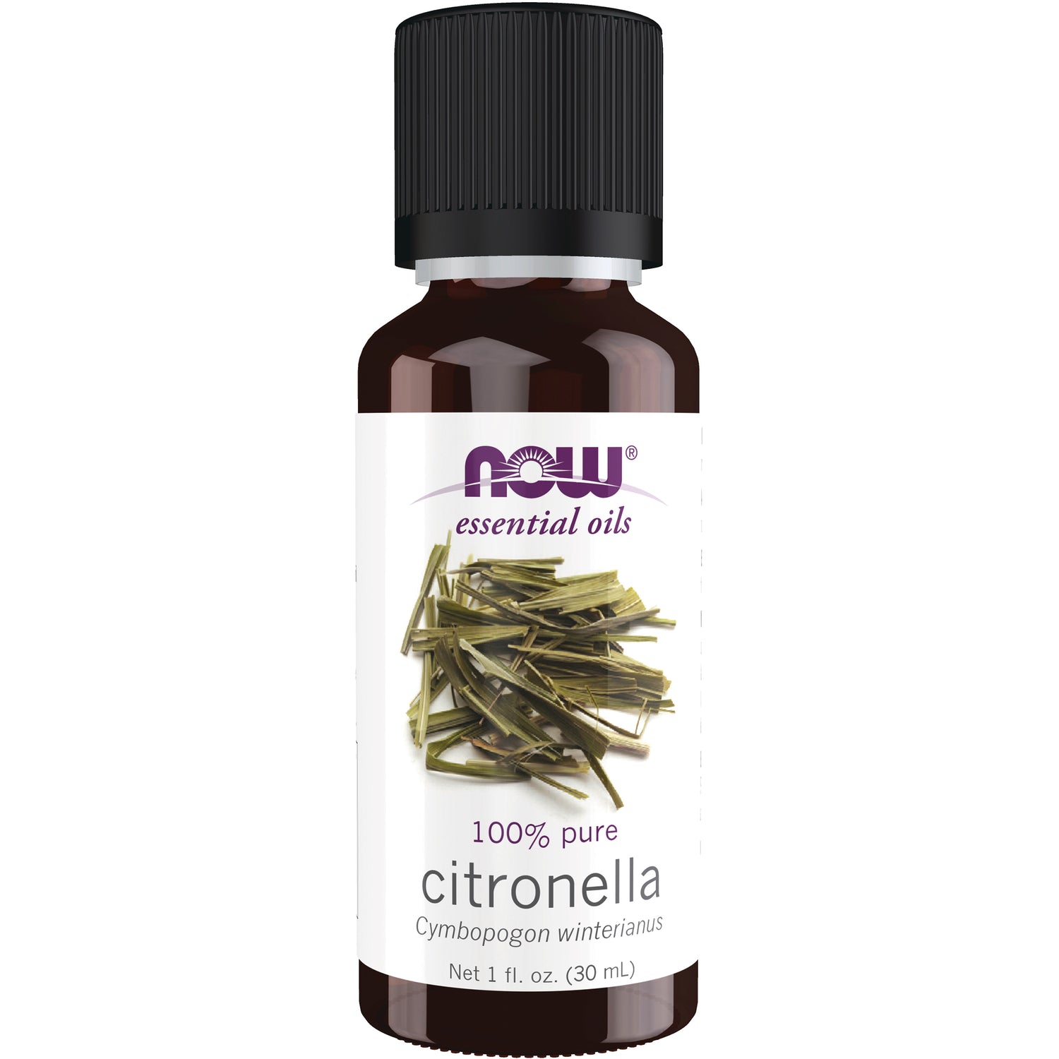 NWF188 | NOW essential oils citronella 1 fl oz bottle with label showing citronella leaves and Cymbopogon winterianus