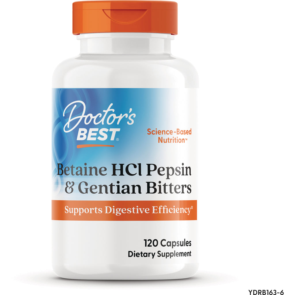 DB150 | Doctor's Best Betaine HCl Pepsin & Gentian Bitters supplement bottle front label, 120 capsules - Thumbnail
