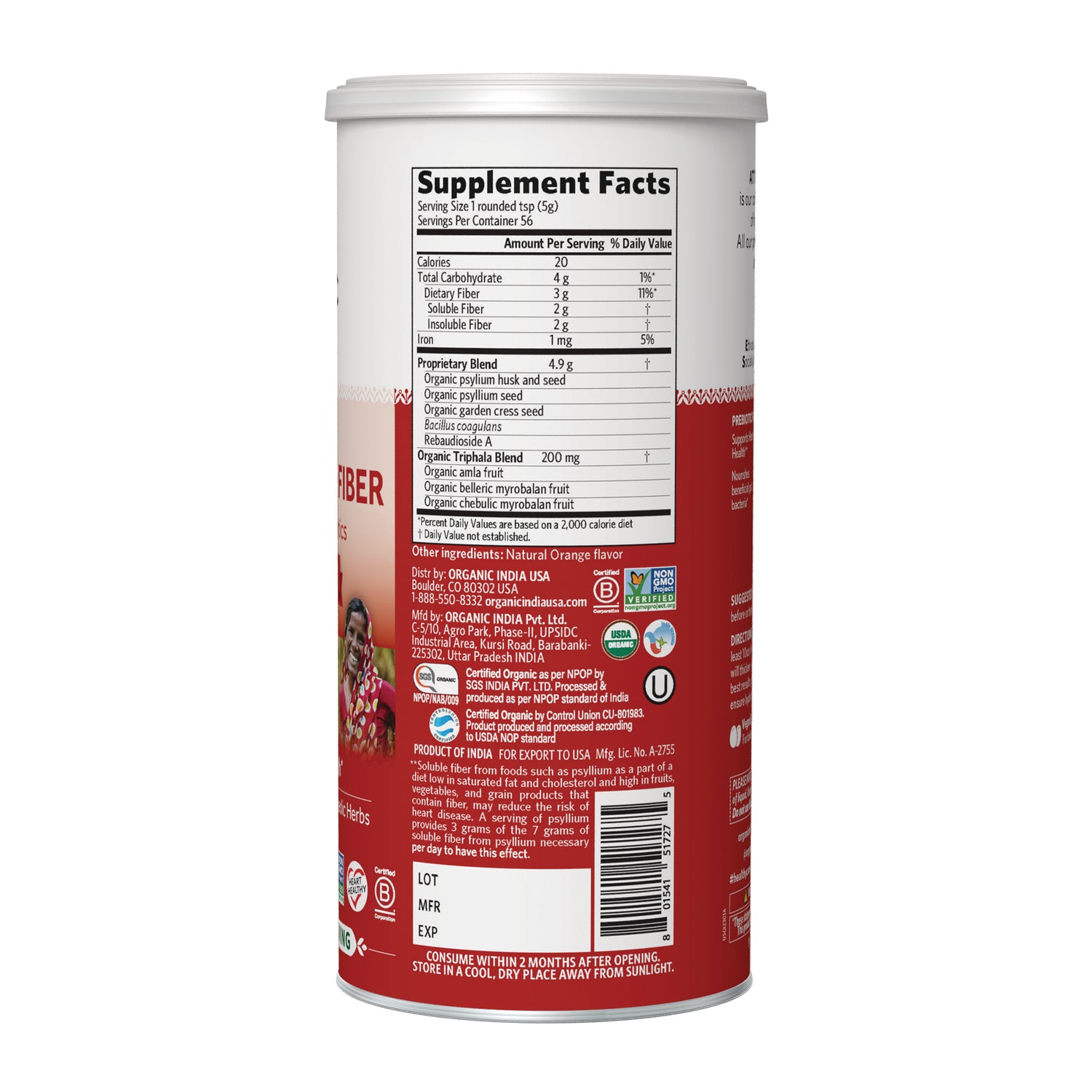 RGN112 | Back of cylindrical supplement container showing Supplement Facts panel, ingredient list, certification icons and barcode